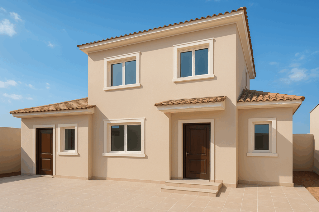 تشطيب كامل لمنزل دورين وملحق: أبواب، شبابيك، بلاط، بويات، سباكة وكهرباء.