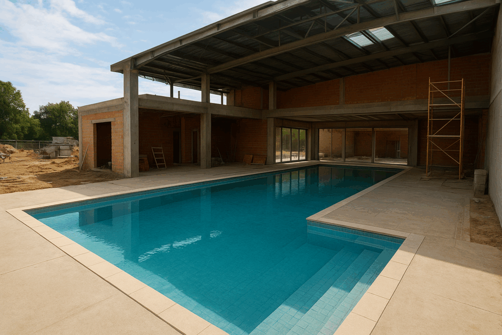 مشروع بناء جديد لإنشاء حمام سباحة داخلي وخارجي