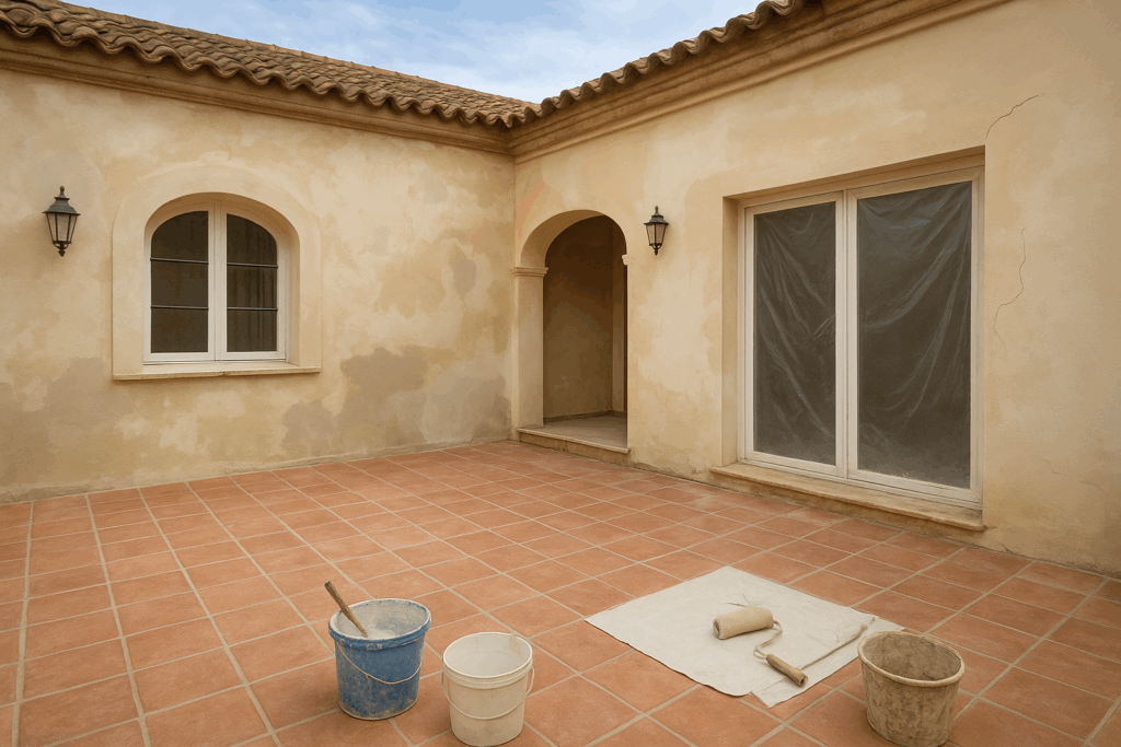 مشروع ترميم وتجديد فيلا: تغيير بلاط المجلس والفناء ومعالجة التشققات مع الدهان.