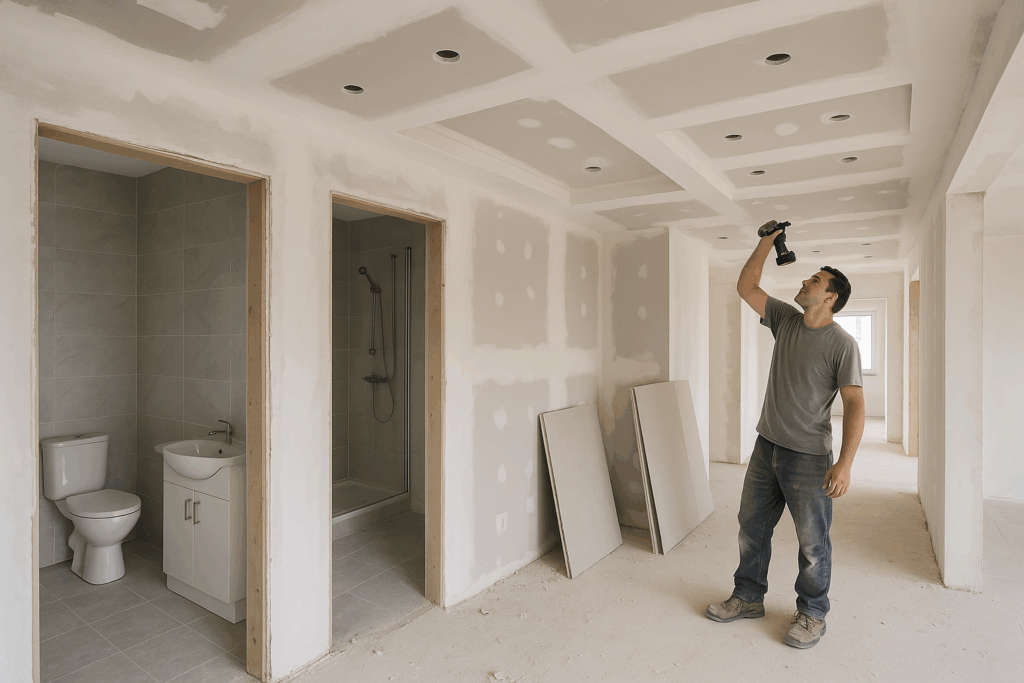 تشطيب شقة: ترميم حمامين وأعمال جبس لإعادة توزيع الإضاءة