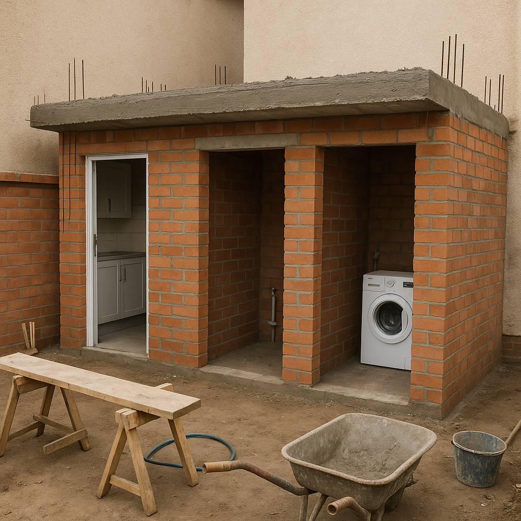 بناء مطبخ ومستودع وغرفة غسيل في الارتداد الخلفي بمساحة 10 متر مربع وصب السقف بالخرسانة