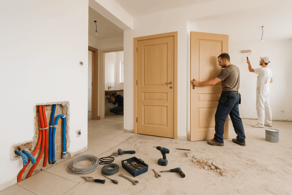 تجديد شامل وصيانة كهرباء وسباكة لشقة سكنية مع طلاء وتركيب أبواب جديدة.