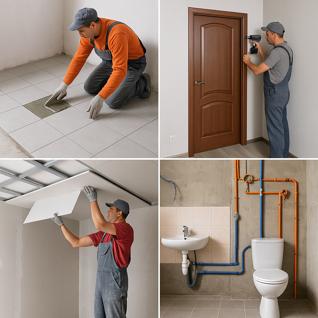 تشطيب شقة: تركيب بلاط، أبواب داخلية، جبس بورد، تطبيق سباكة وكهرباء، وتشطيب دورات المياه.