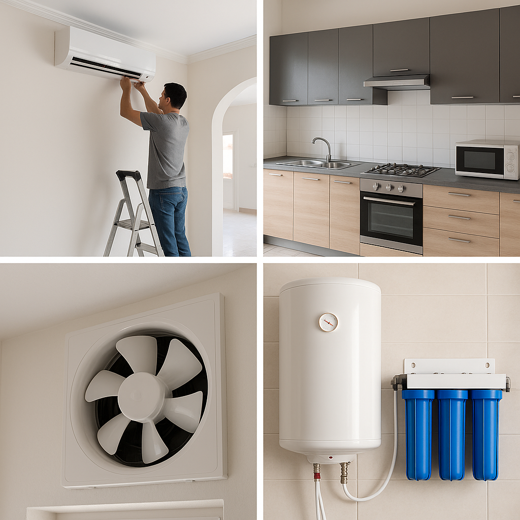 تشطيب فيلا: تركيب مكيفات، تأسيس مطبخ، مراوح شفط، سخانات، وفلاتر