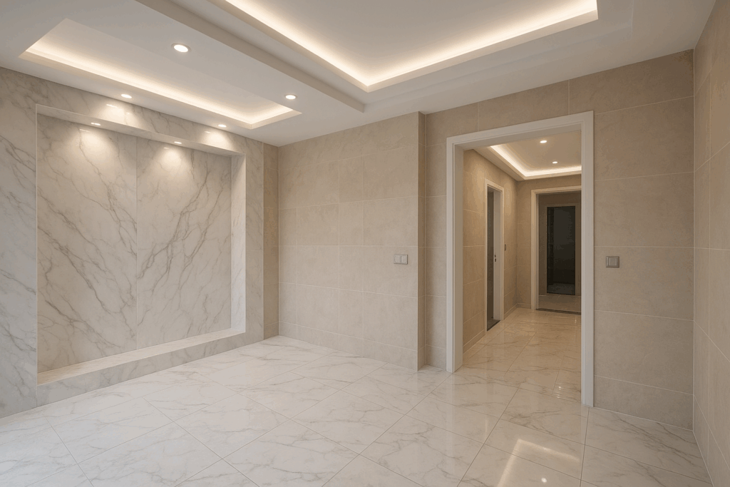 مشروع تشطيب شقة بأعمال رخام وبلاط وإنارة وجبس متكاملة