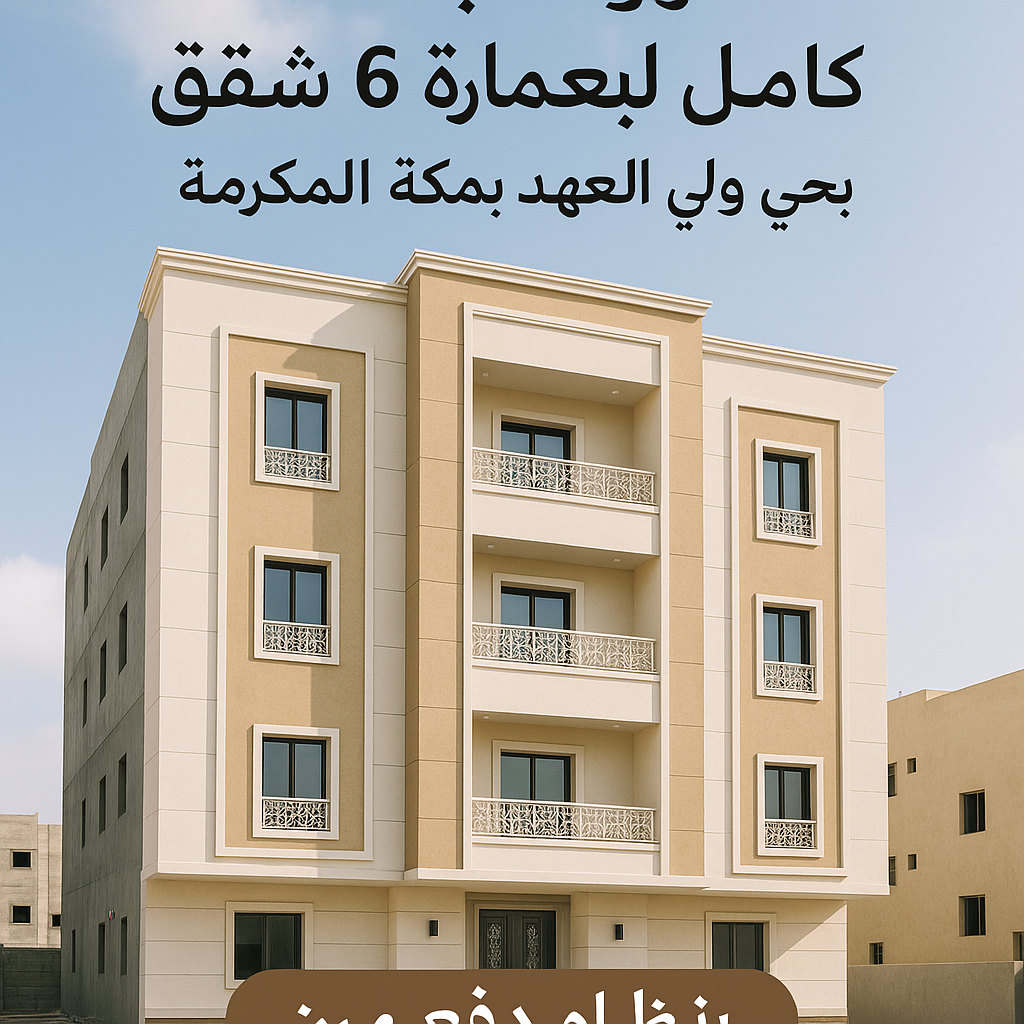 مشروع تشطيب كامل لعمارة 6 شقق بحي ولي العهد بمكة المكرمة بنظام دفع مرن.
