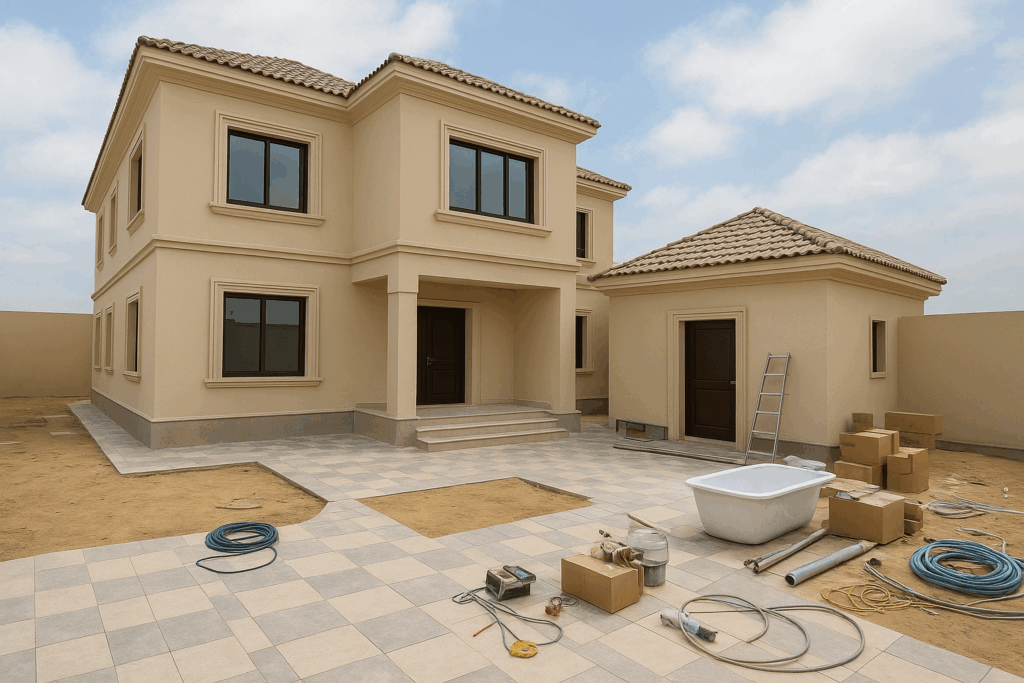 مشروع تشطيب فيلا دورين مع ملحق – بلاط، كهرباء، سباكة وأثاث
