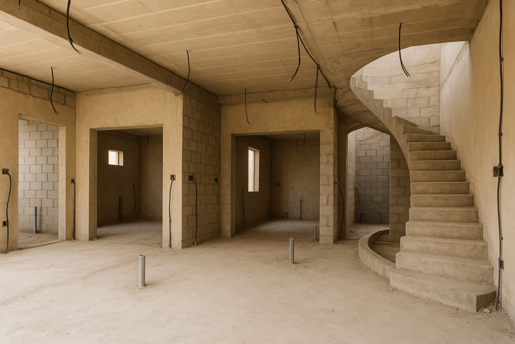 مشروع تشطيب دور أرضي لمجالس مع تأسيس كهرباء وسباكة ودرج دائري بدون تلييس