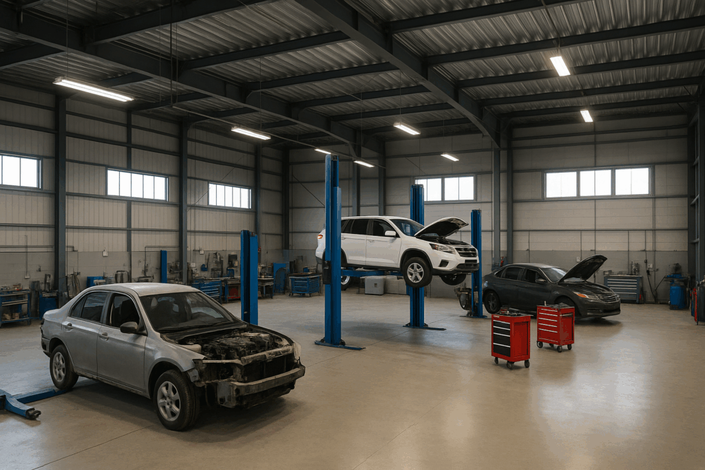 إنشاء ورشة سيارات متكاملة بمساحة 450 متر مربعمخصصة لأعمال الترميم والصيانة.