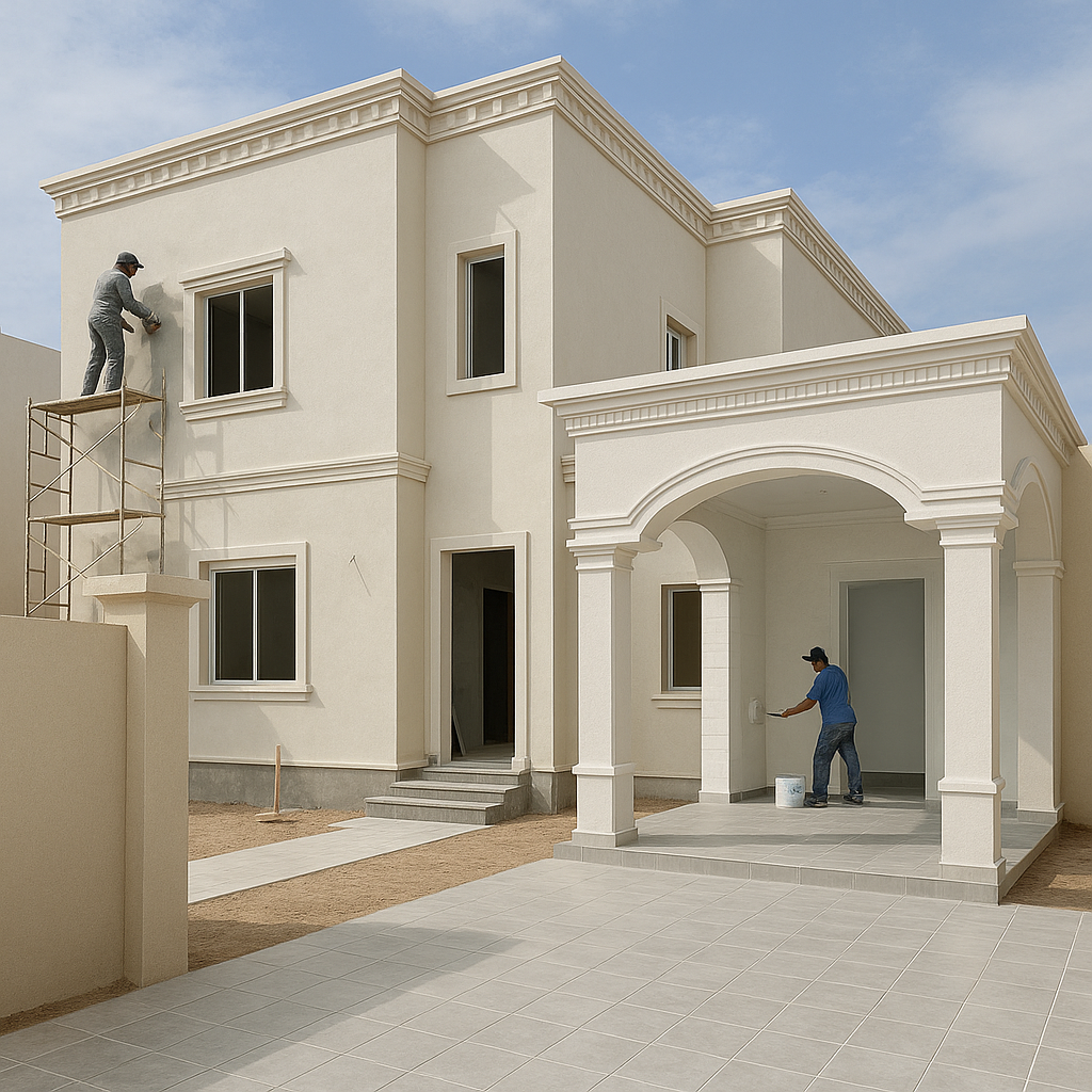 تشطيب شامل لمنزل: اللياسة، الدهان، الجبس، والبلاط مع بناء سور أمامي وإنشاء ديوانية.