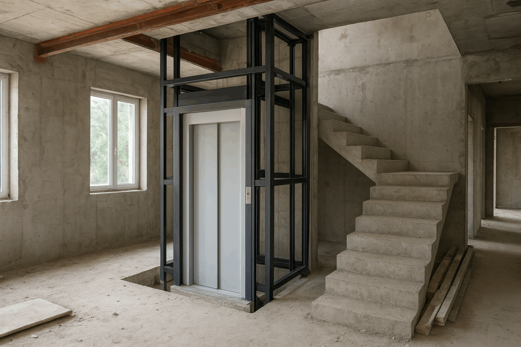 مشروع دمج الطابقين مع تأسيس مصعد داخلي ودرج في مبنى سكني