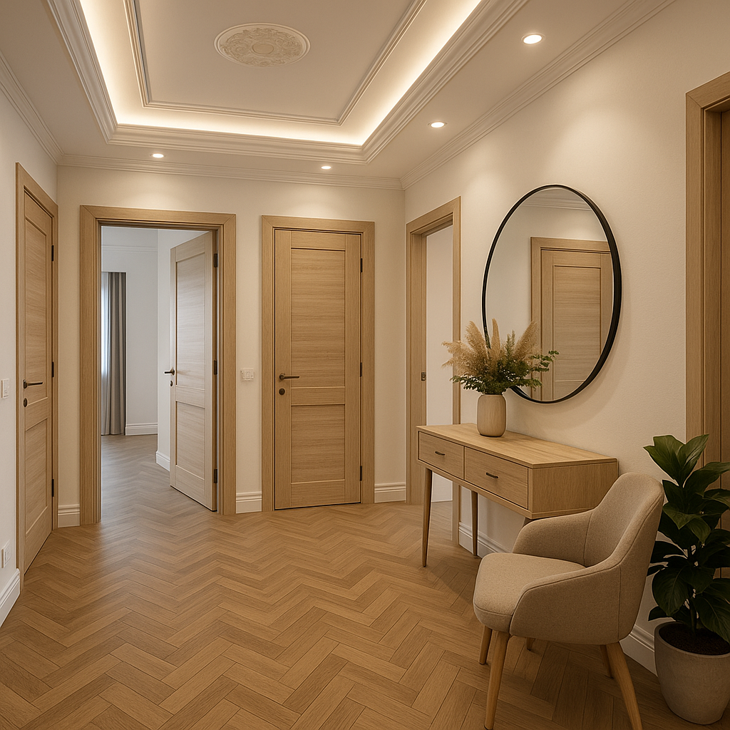 مشروع تجديد ديكور شامل: تغيير الأبواب، سقف ديكوري، وأرضيات باركيه مع تصميم داخلي متكامل للشقة.