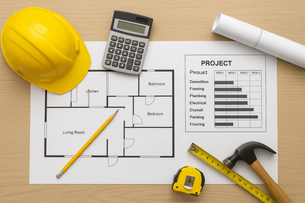 مشروع تشطيب جديد مع خطة عمل وجداول زمنية للتنفيذ