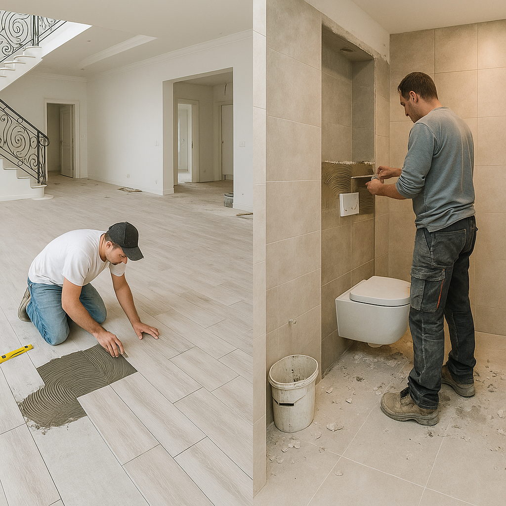 تجديد شامل فيلا: تغيير أرضيات 330 متر وتحويل 4 حمامات لنظام مخفي بمساحة 24 متر لكل حمام