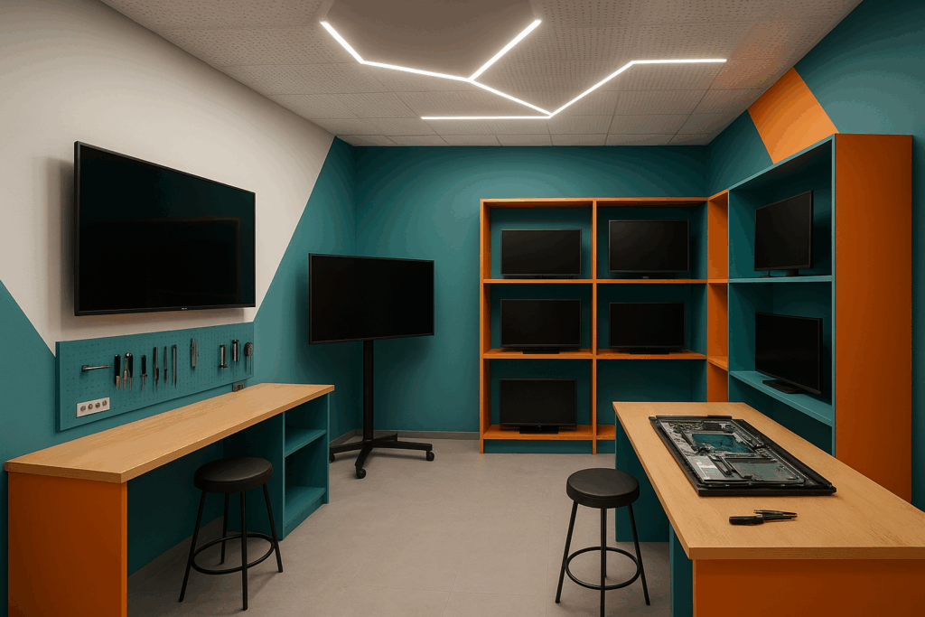 تصميم داخلي مبتكر لمركز صيانة التلفزيونات بمساحة 40 متر مربع