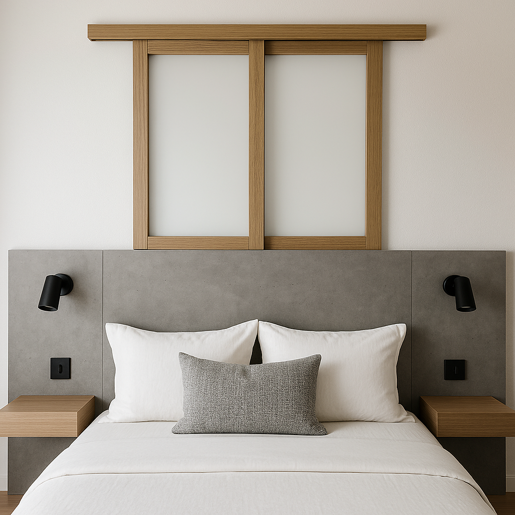 تصميم ديكور خلف السرير بدمج باب سحب للدريشة وحاجز اسمنت بورد بأسلوب عصري وعملي.