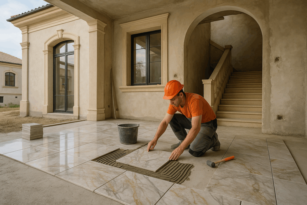 بدء مشروع أعمال تشطيب لفيلا بتفاصيل البلاط المرموقة