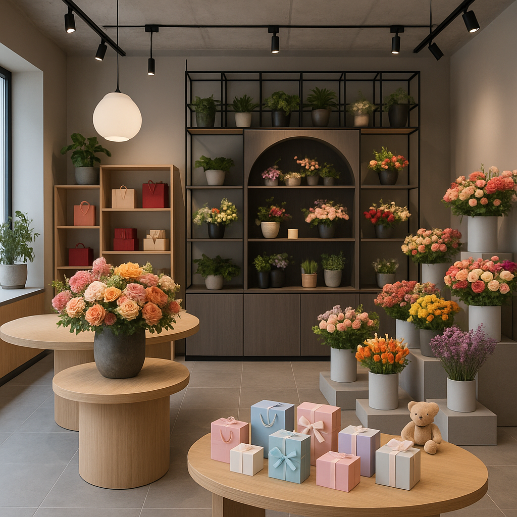 محل ديكور مميز للورد والهدايا: تصميم داخلي معاصر ومبتكر لجذب العملاء