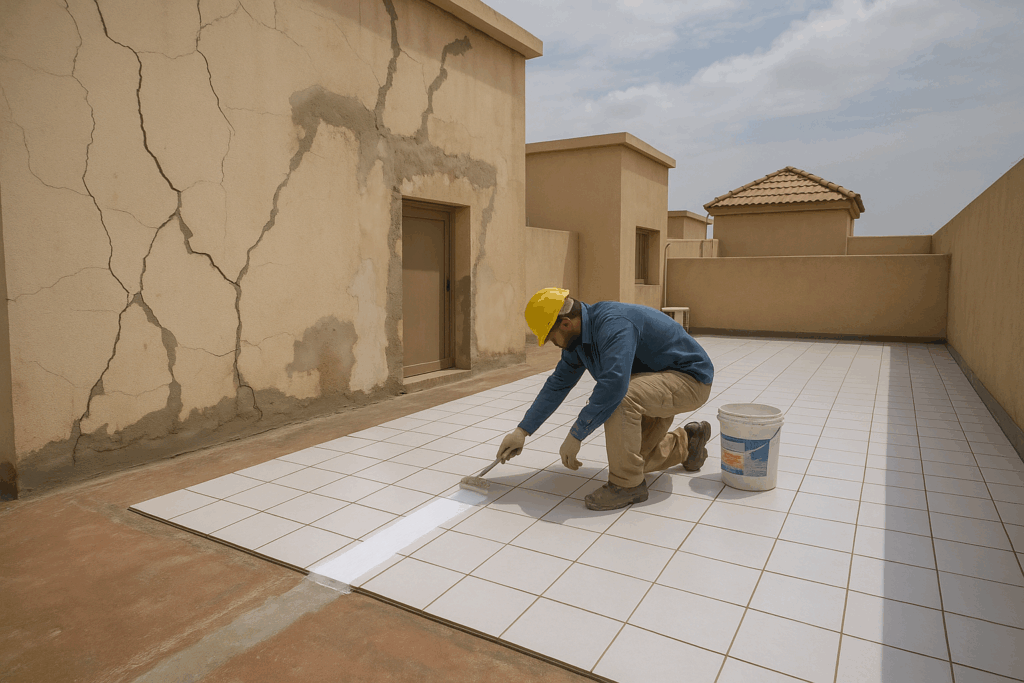 ترميم شامل لتصدعات الياسة وتجديد بلاط السطح والملاحق مع عزل مبتكر