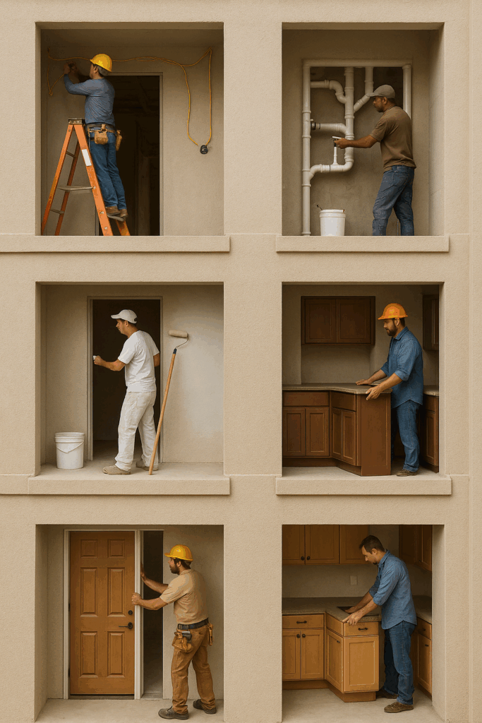 استكمال تشطيب بناء متعدد الطوابق: كهرباء، سباكة، دهان، وأبواب ومطابخ بثلاثة أدوار