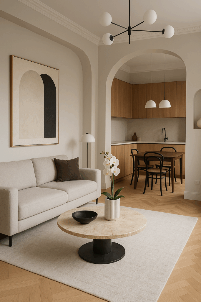 تصميم داخلي مبدع وإكسسوارات أنيقة لمشروع تجديد شقة حديثة