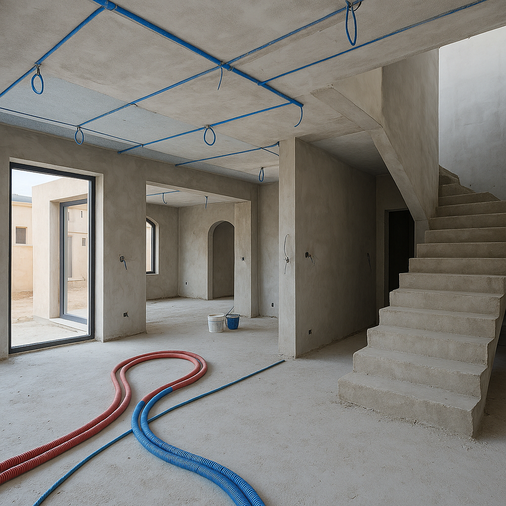 إكمال أعمال تشطيب فيلا بعد تأسيس الكهرباء والسباكة وعزل الأسطح.