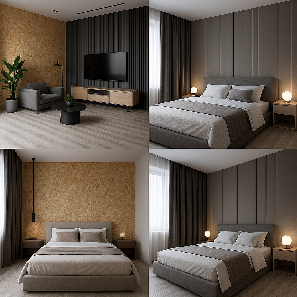 تصميم داخلي لصالة بديكور SPC وشيبورد، وغرفتي نوم بأناقة متميزة.