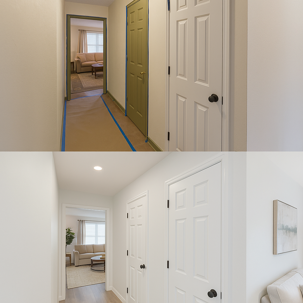 تجديد شامل للدور: طلاء جديد، استبدال أبواب الحمام، وتحديث ديكور الصالة والمجلس.