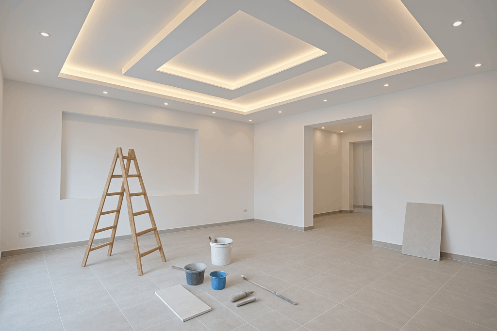 تحسين وتحديث أعمال التشطيبات الداخلية بالجبس بورد وتبليط الأرضيات