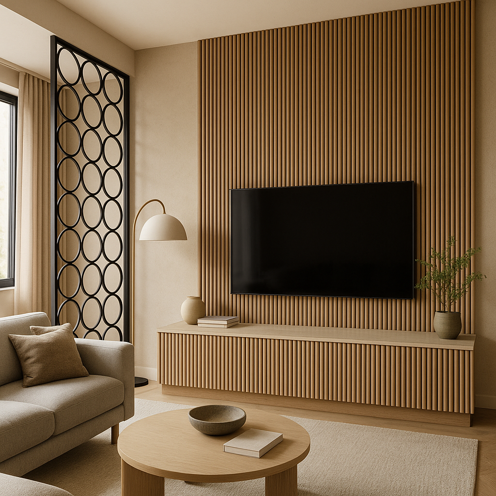 تصميم ديكور مبتكر لصالة مع شاشة وبارتشن جذاب