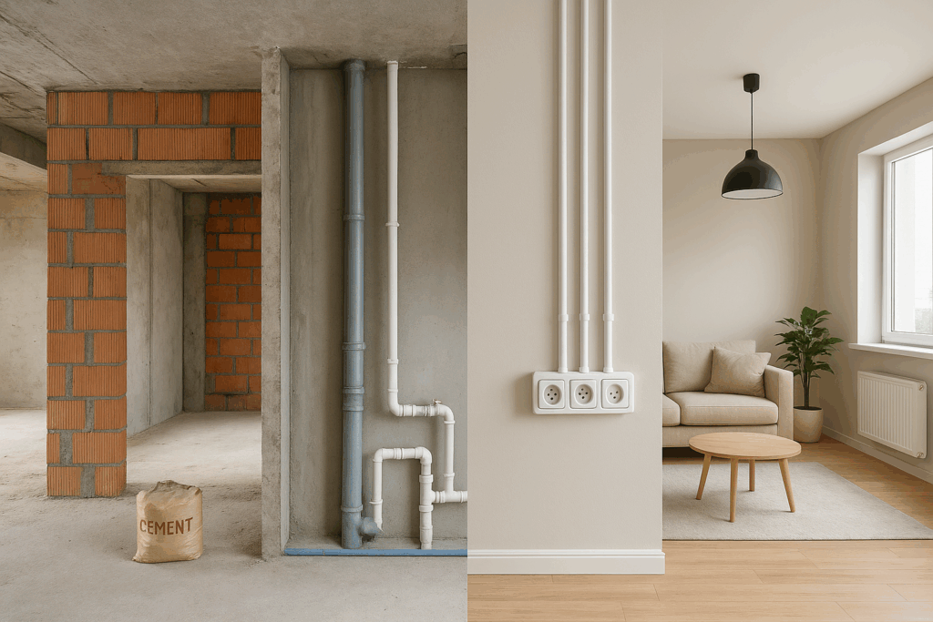 مشروع تشطيب شامل لشقة: بناء، سباكة، كهرباء، وديكور