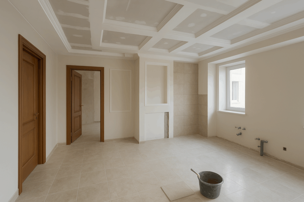 مشروع تشطيب شقة يشمل جبس بورد وأبواب وشبابيك وسباكة وبلاط ورخام وأعمال نقاشة