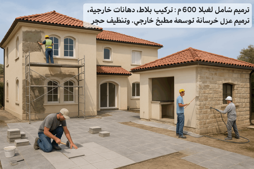 ترميم شامل لفيلا ٦٠٠م: تركيب بلاط، دهانات خارجية، ترميم وعزل خرسانة، توسعة مطبخ خارجي، وتنظيف حجر.
