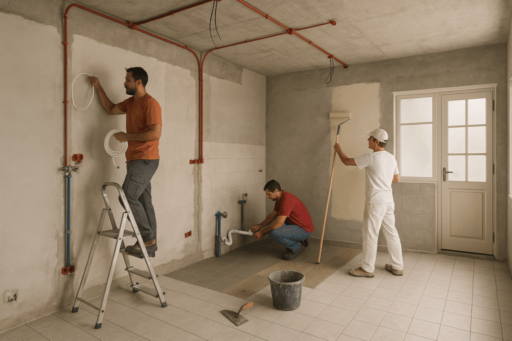 مشروع تشطيب شامل: كهرباء، سباكة، لياسة، دهان، بلاط، نوافذ وأبواب