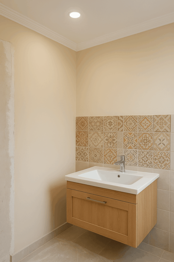 مشروع ترميم وإعادة تجديد دور كامل: طلاء جديد، تركيب جبس، وتحديث خلفية السيراميك لمغاسل اليدين