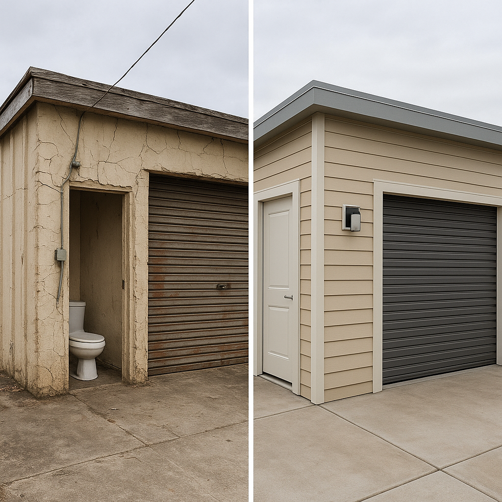 ترميم شامل لمستودع خارجي: نقل دورة مياه، إعادة تسليك كهرباء، وتحديث ديكور ومعالجة التشققات.