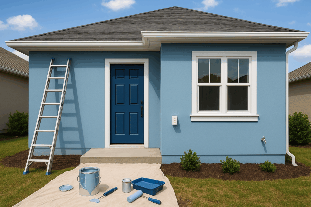 تجديد وتجميل المنزل: بويات خارجية وتحديث الأبواب والتطبيقات الكهربائية والسباكة.