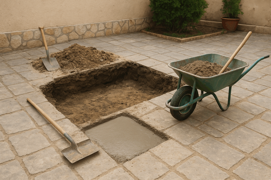 مشروع ترميم وصيانة الهبوط في أرضية الحوش لتحسين الاستقرار والجودة.