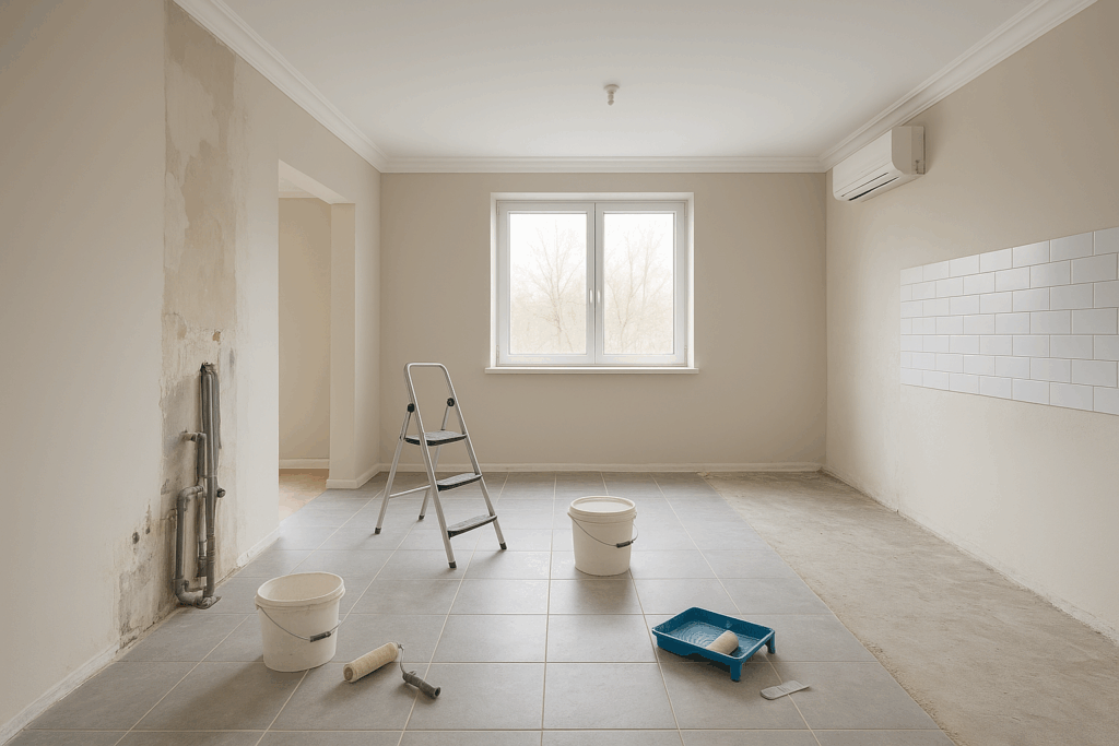 مشروع شامل لتجديد السباكة، الدهانات، البلاط، والجبس وتحويل المكيفات لشقة بالدور الأول.