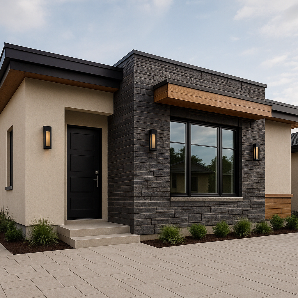 تشطيبات ديكور وتكسية لعمارة دور أرضي حديثة.