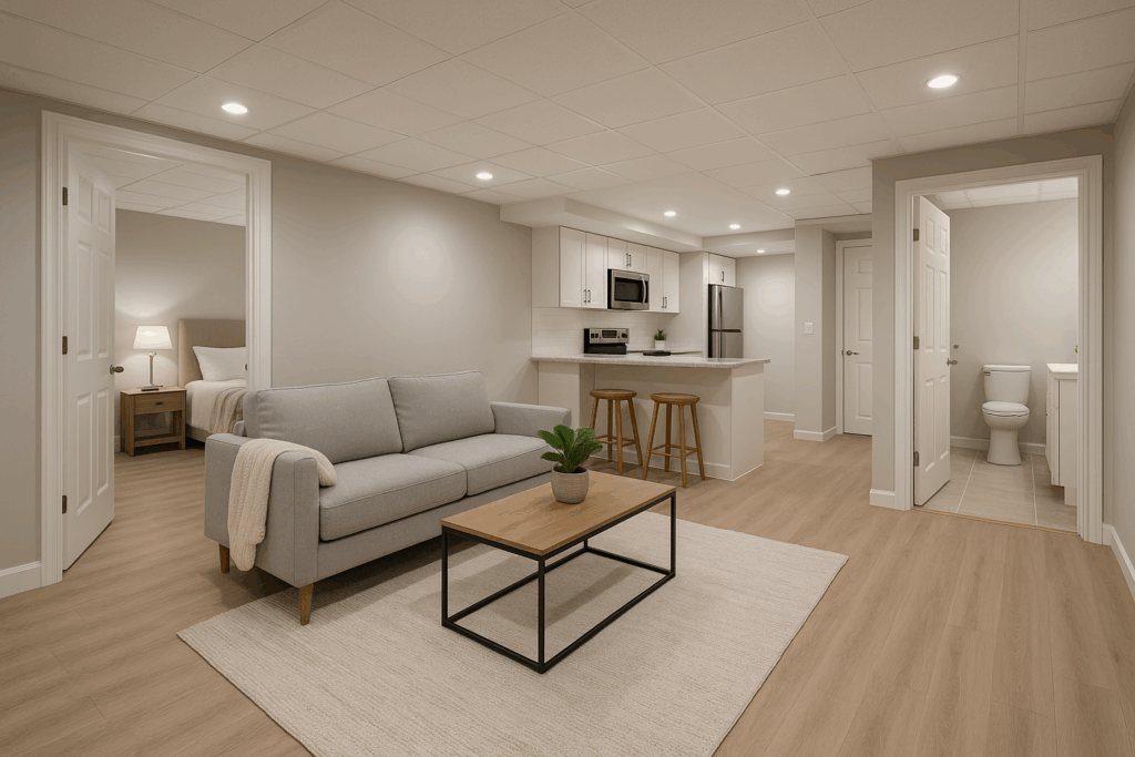 تحويل بدروم إلى مساحة معيشة تحتوي على غرفتين وحمام ومطبخ مفتوح