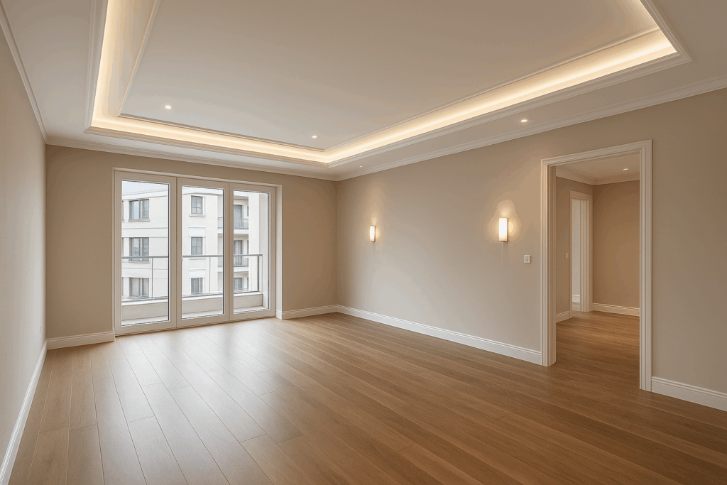 تشطيب كامل لشقة: ديكور سقف، جدران، إنارة، وأرضيات