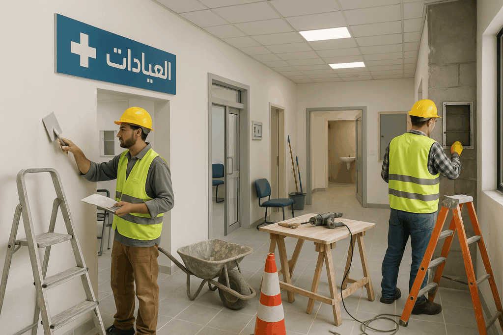 مشروع ترميم شامل لمركز رعاية متكامل يتضمن تجهيز عيادات وصيانة مرافق متنوعة.