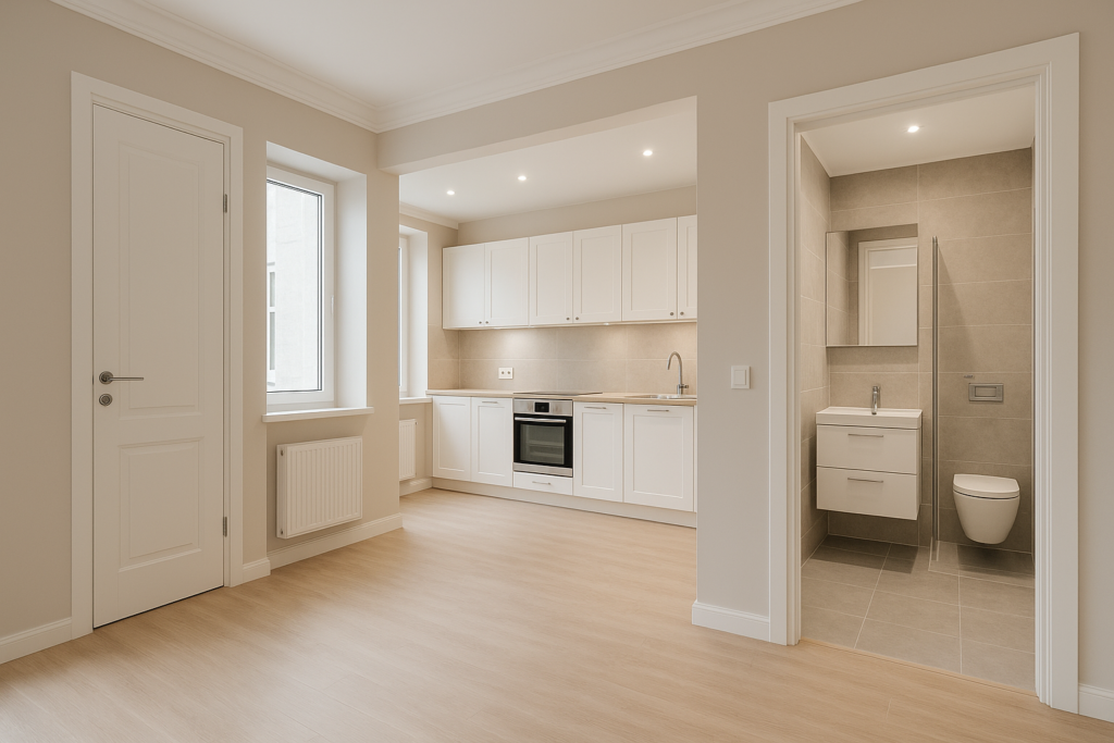 تشطيب شامل للشقة: أبواب، شبابيك، مغاسل تفصيل، حمامات وإكسسوارات متكاملة