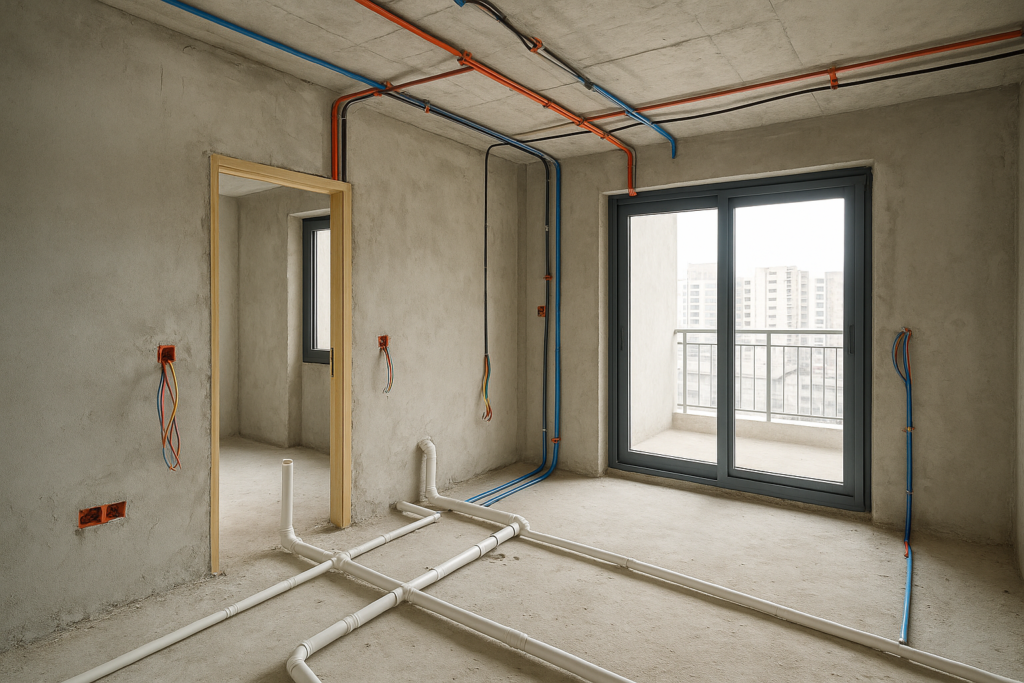 مشروع تشطيب شقة باستخدام مواد كهرباء وسباكة وأبواب ألمنيوم عالية الجودة.