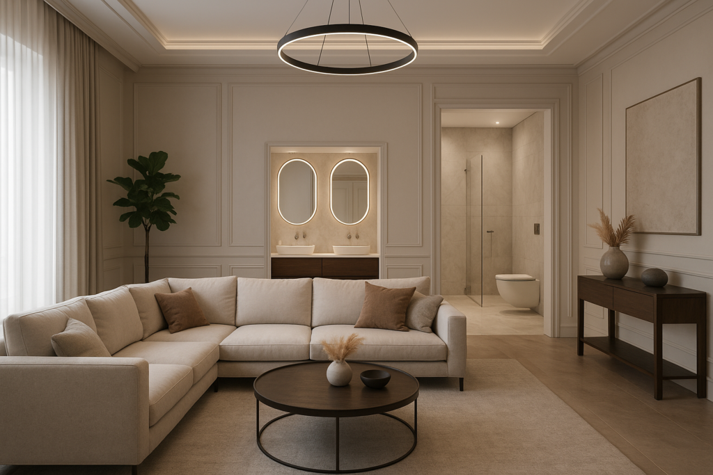 تجديد شامل لمجلس مع ديكورات وحمام ومغاسل