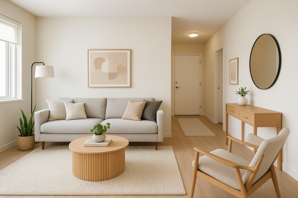 تجميل ديكور غرفة الجلوس والممر لشقة مستأجرة بنمط عصري وعملي