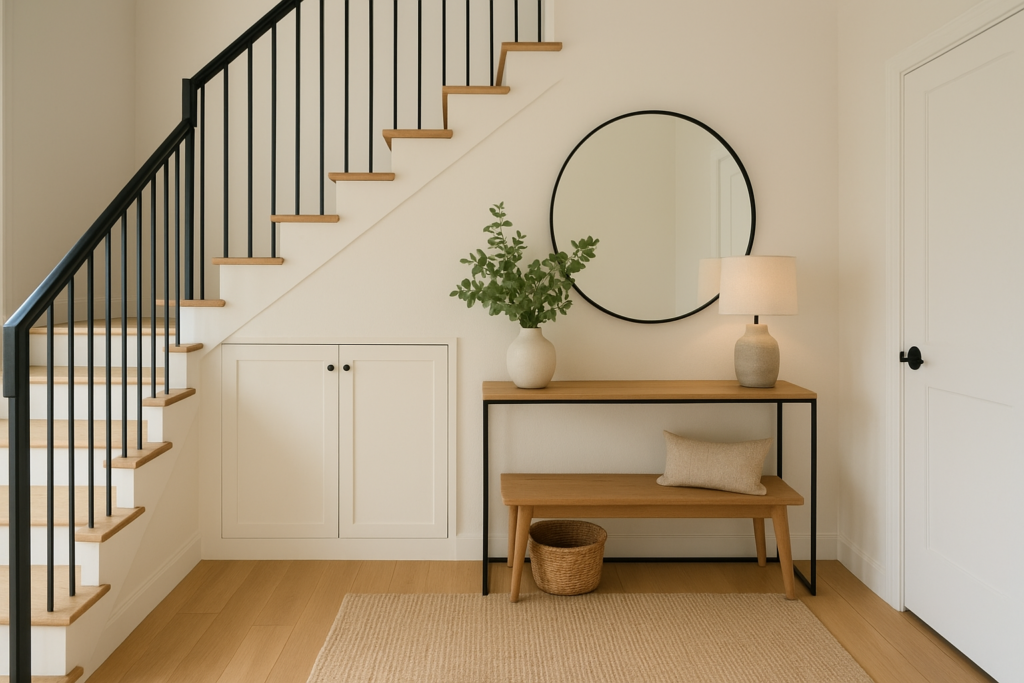 مشروع تصميم مدخل جذاب مع دولاب مدمج تحت الدرج لأناقة مثالية