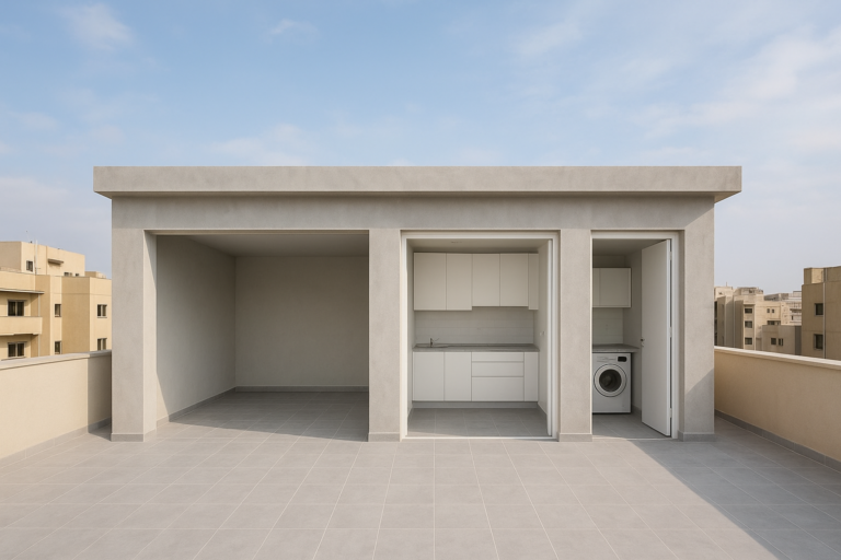 مشروع بناء صالة ومطبخ وغرفة غسيل في سطح مجمع الماسة بمساحة ٥٥ متر مربع على المفتاح