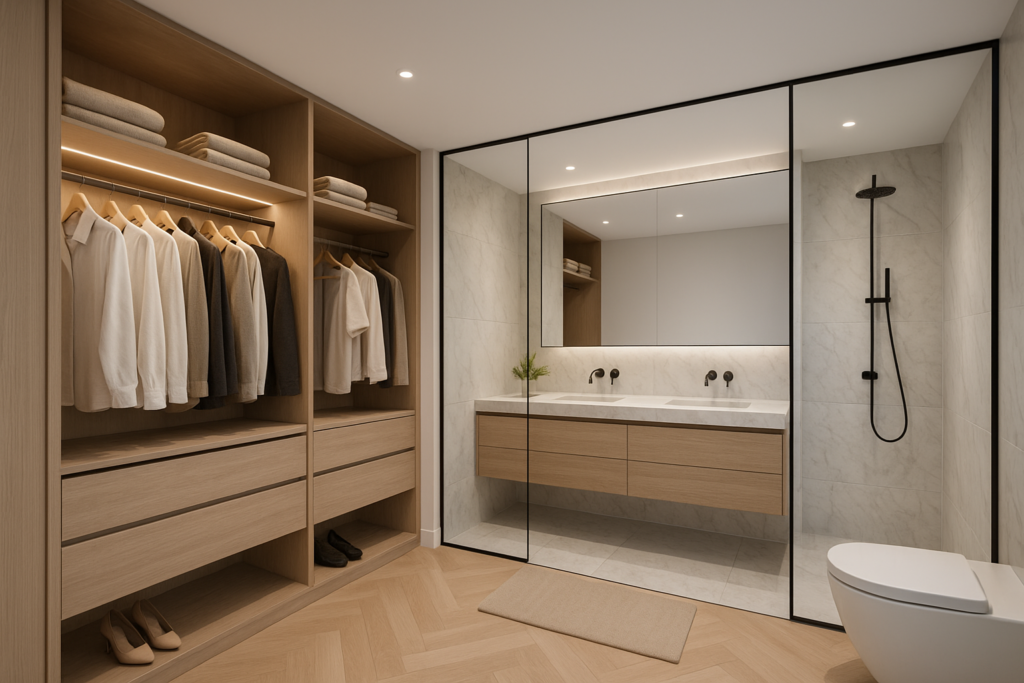 تصميم غرفة ملابس وحمام: تنفيذ وتشطيب متكامل في مساحتك الخاصة